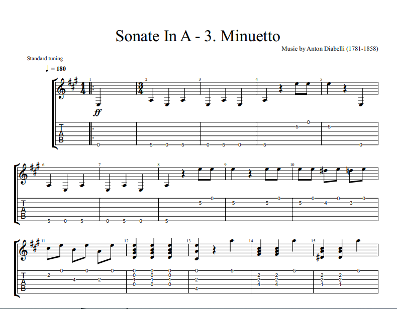 Anton Diabelli - Sonate In A - 3. Minuetto sheet music for guitar TAB